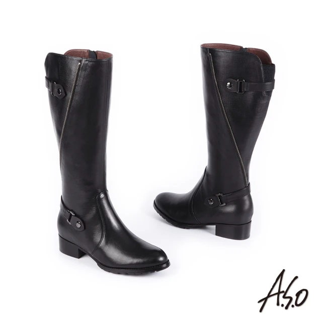 【A.S.O 阿瘦集團】簡約線條 細緻質感壓紋真皮長靴(黑色)