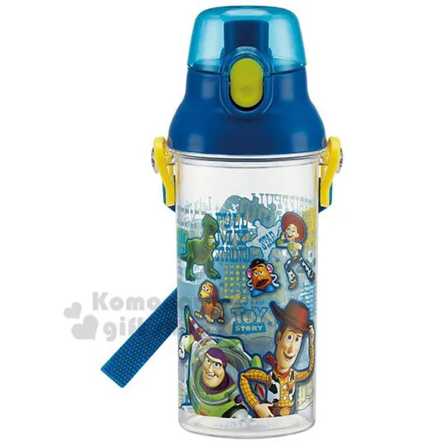 〔小禮堂〕迪士尼 玩具總動員 日製直飲式水壺附背帶《藍.透明》480ml.兒童水壺.隨身瓶