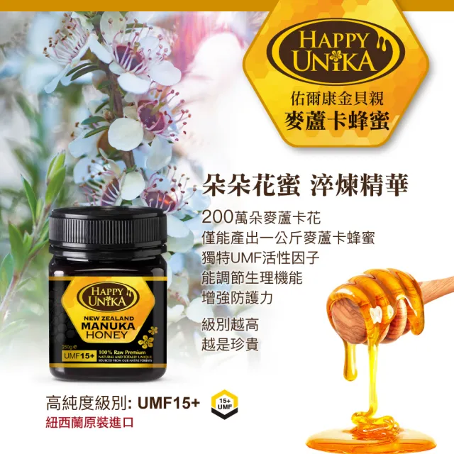 即期品【Happy Unika】麥蘆卡蜂蜜UMF15+ 250g(獨有的野生麥蘆卡茶樹    紐西蘭進口)效期2024.01.14