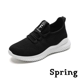 【SPRING】透氣網面飛織綁帶舒適休閒運動鞋(黑)