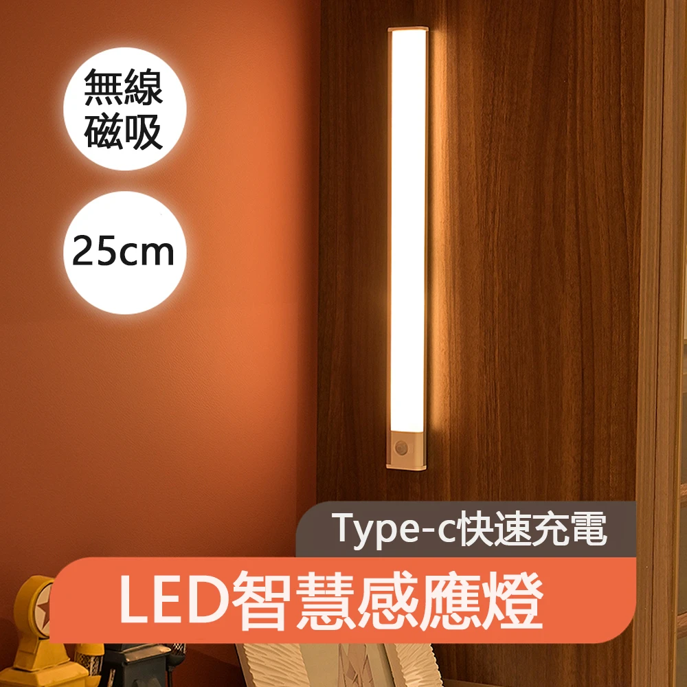 【朗美科】自動LED人體感應燈 磁吸式 USB充電 夜燈 護眼檯燈(25cm 臥室櫥櫃衣櫃樓梯壁燈)