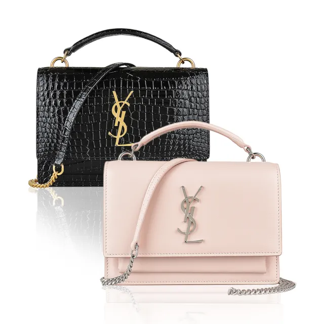 【YSL】YSL SAINT LAURENT SUNSET銀/金字LOGO小牛皮釦式手提斜背包(兩色)
