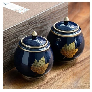 復古風 霽藍釉 陶瓷密封罐茶葉罐一對(金線楓葉)