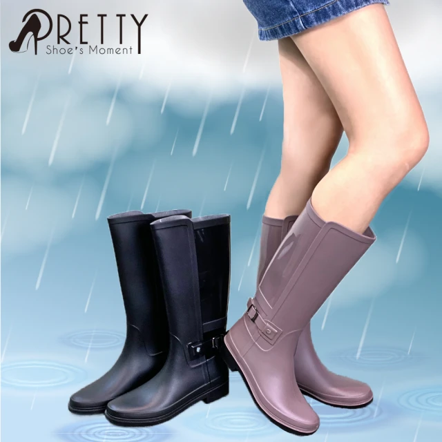 【Pretty】女款素面簡約拼接金屬皮帶扣長筒雨鞋/雨靴(杏色、黑色)