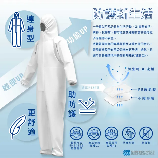 【Isocover】聚陽隔離衣/連身型/ P1&L1等級防護/台灣製造/單件包/童(MIT、連身、防護、P1、不含鞋套、兒童)