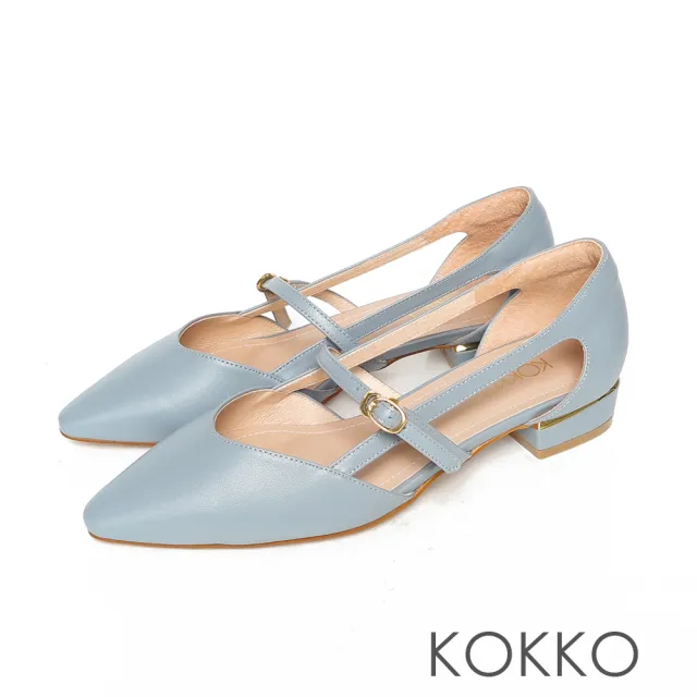 【KOKKO 集團】尖頭柔軟羊皮挖空繫帶瑪莉珍粗跟鞋(法式藍)