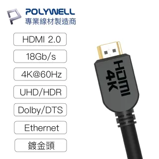 【POLYWELL】HDMI線 2.0版 2M 公對公 4K60Hz UHD HDR ARC(適合家用/工程/裝潢)