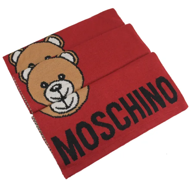 【MOSCHINO】品牌LOGO泰迪熊圖案羊毛混絲流蘇披肩長圍巾(紅)