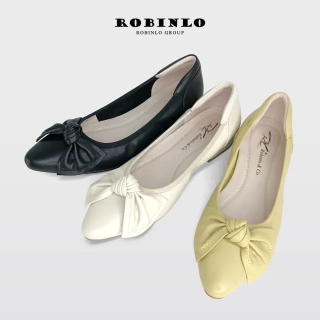 【Robinlo】全真皮優雅OL扭結真牛皮尖頭平底娃娃鞋淑女鞋SARESA(黑色/米白/黃色)
