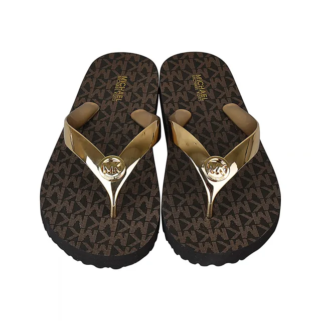 【Michael Kors】MICHAEL KORS FLIP FLOP金字LOGO印花PVC夾腳拖鞋(棕)