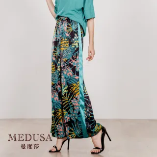 【MEDUSA 曼度莎】側拼接印花絲感緞面寬褲（M-XL）｜女裝 長褲 高級緞面(601-7010B)
