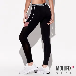 【Mollifix 瑪莉菲絲】撞色拼接褲頭織帶動塑褲、瑜珈服、Legging(黑+粉)