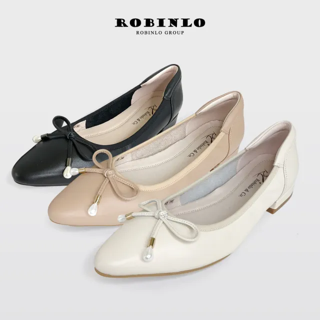 【Robinlo】全真皮法式輕甜美蝴蝶結尖頭平底娃娃鞋淑女鞋SAEDA(黑色/米白/杏色)
