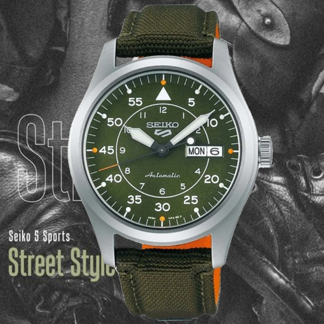 【SEIKO 精工】5 Sports系列 軍綠尼龍x橙色皮革 軍裝風格 飛行機械腕錶(SRPH29K1/4R36-10A0G)