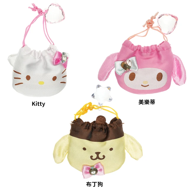 【TDL】日本進口HELLO KITTY凱蒂貓美樂蒂布丁狗水晶御守福袋飾品首飾收納束口袋 104639(平輸品)