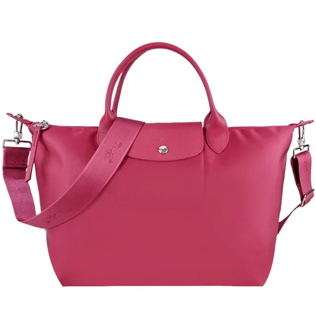 【LONGCHAMP】LE PLIAGE N☆O系列新款厚尼龍奔馬織紋寬背帶短把兩用包(中/樹莓紅)