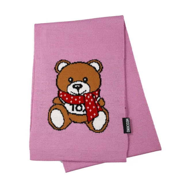 【MOSCHINO】圍巾泰迪熊混紡羊毛窄版圍巾(粉紫)