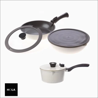 【HOLA】可拆式陶瓷不沾導磁煎炒鍋5件組-白+陶瓷不沾導磁單柄湯鍋18CM-白