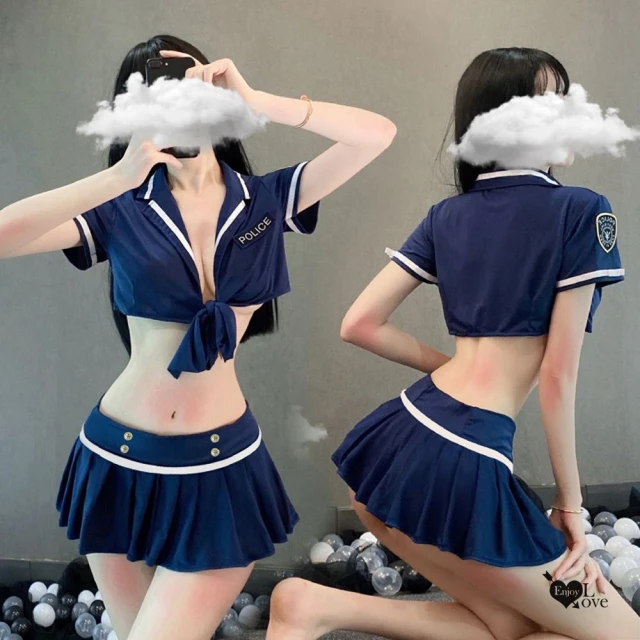 【Enjoy Love】女警服！前開襟綁帶短上衣金屬鈕釦皺摺短裙四件式套(情趣內衣/性感睡衣/角色扮演)