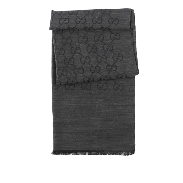 【GUCCI 古馳】GG Logo 羊毛混絲圍巾(黑色/炭灰色)