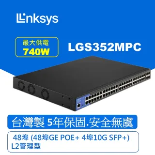 【Linksys】48埠 L2管理型 Gigabit 超高速乙太網路交換器-鐵殼(LGS352MPC)
