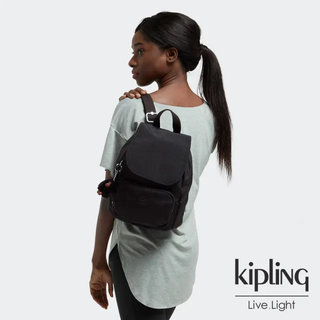 【KIPLING】極簡耀黑翻蓋大容量後背包-MARIGOLD