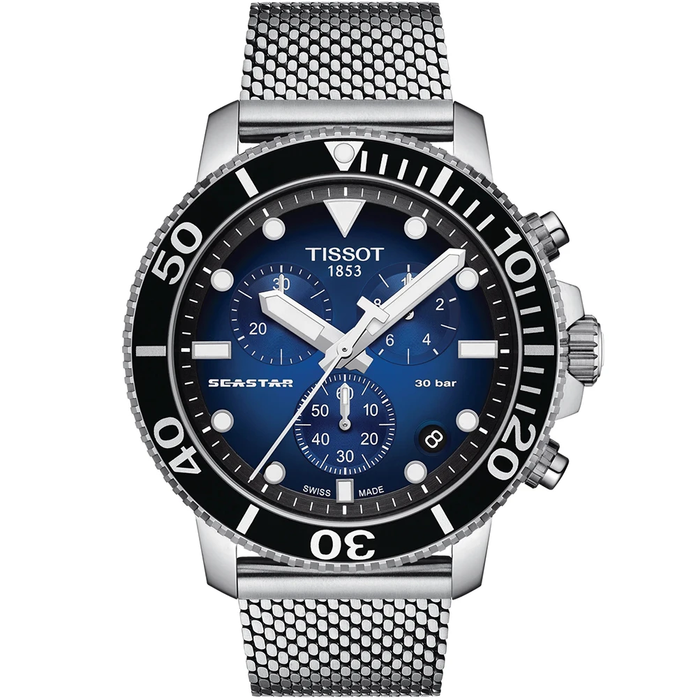 【TISSOT 天梭 官方授權】Seastar 1000海星300米防水米蘭帶三眼計時錶-45.5mm(T1204171104102速)