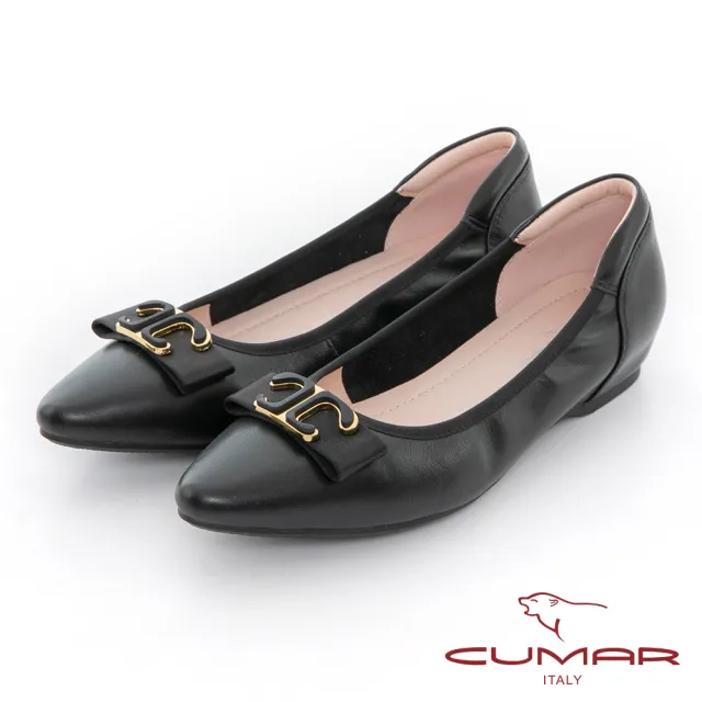 【CUMAR】優雅小尖頭滾邊內增高平底娃娃鞋(黑)