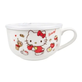 Hello Kitty 陶瓷單耳泡麵碗附蓋 980ml 《紅白蘋果款》(平輸品)