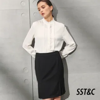 【SST&C 季中折扣】羊毛混紡黑色壓褶西裝裙7462112005