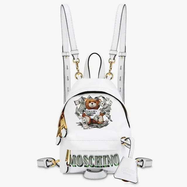 【MOSCHINO】莫斯奇諾 美元鈔票泰迪熊雙肩後背包 迷你款 白色(2T763782103001)