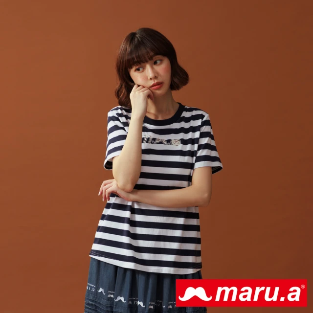 maru.a【maru.a】貓系女孩條紋蕾絲簍空上衣(深藍)