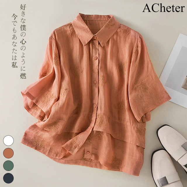 【ACheter】刺繡薄款棉麻五分袖寬鬆襯衫短版上衣#113409現貨+預購(4色)