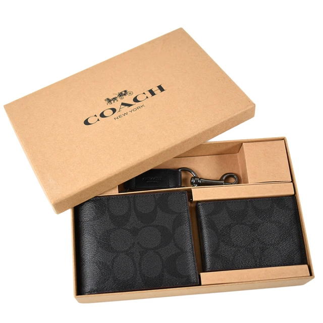 COACH【COACH】男款 緹花LOGO防刮皮革短夾/證件夾/鑰匙圈禮盒組-灰黑色