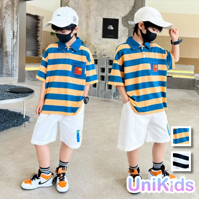 【UniKids】中大童2件式套裝條紋撞色POLO衫上衣五分休閒褲 男大童 JS22280(黑白條紋 黃藍條紋)