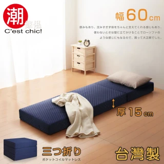 【潮傢俬】二代目日式三折獨立筒彈簧床墊-15cm(單人幅60cm藍)