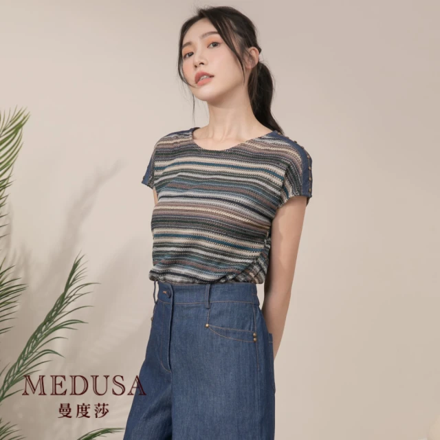 【MEDUSA 曼度莎】針織牛仔鉚釘拼接上衣（M-XL）｜女上衣 牛仔｜休閒穿搭(801-5280A)