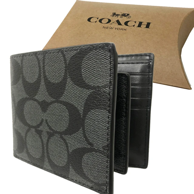 【COACH】C LOGO 男款8卡短夾附活動證件夾禮盒(黑灰)