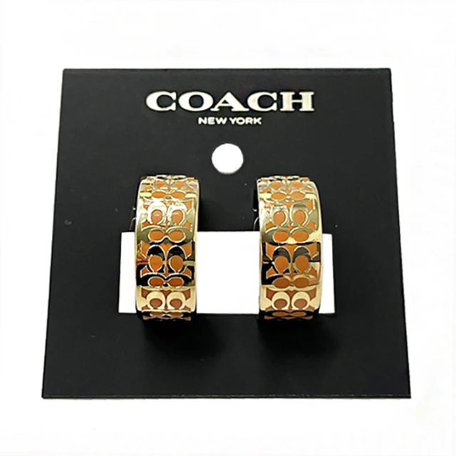 COACH【COACH】C LOGO 穿針式琺瑯耳環(大C橘/金)
