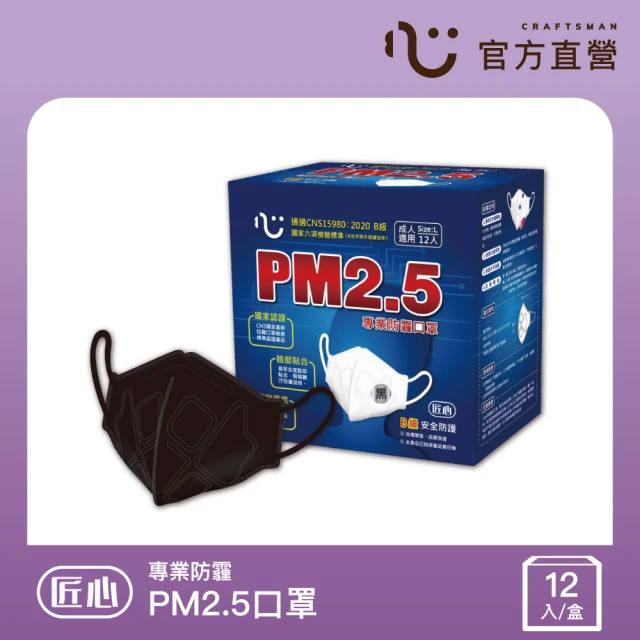 【匠心】PM2.5 專業防霾口罩 黑色(B級防護 12入/盒)