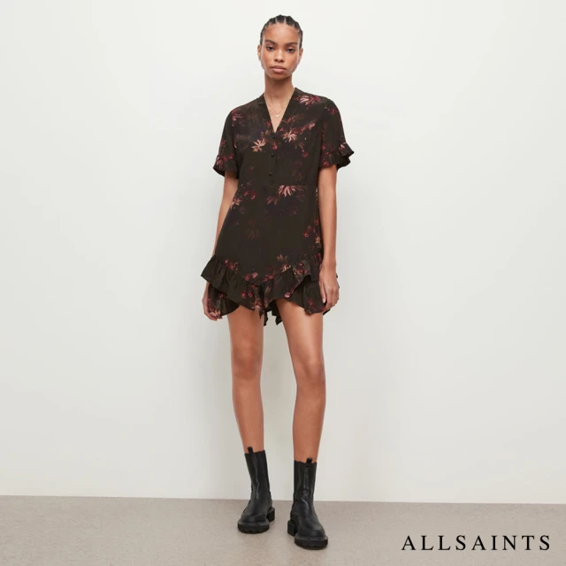 ALLSAINTS【ALLSAINTS】FRANKIE NILA V領開襟綁帶印花短洋裝(修身版型)