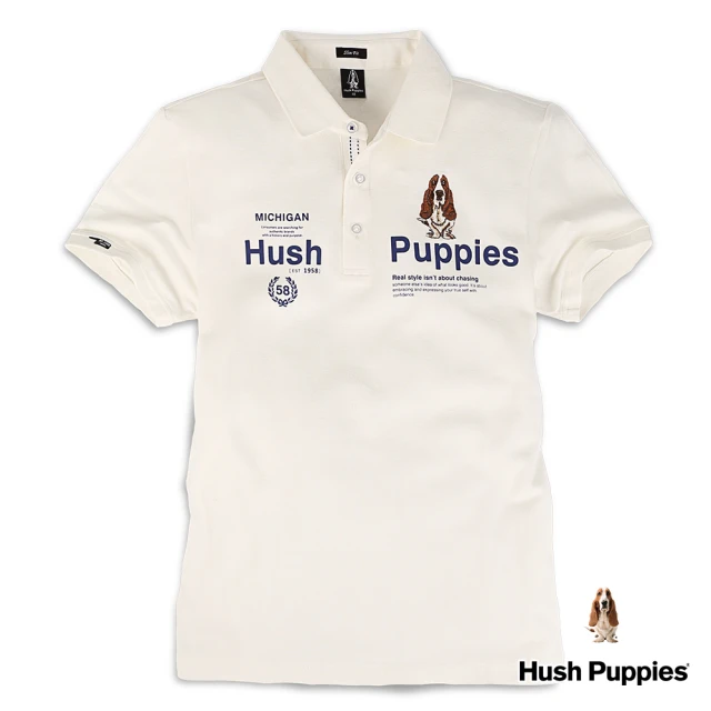 Hush Puppies【Hush Puppies】男裝簡約品牌印花刺繡狗短袖POLO衫(米白 / 24101107)