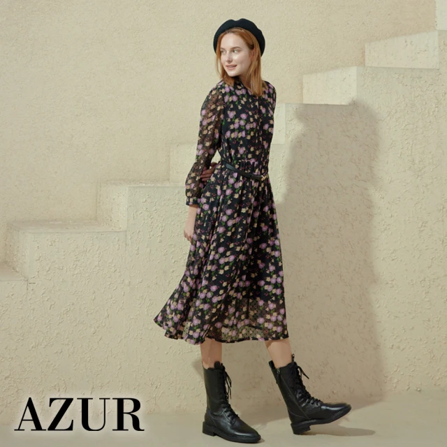 AZUR【AZUR】半排釦紫花花中長洋裝-附腰帶