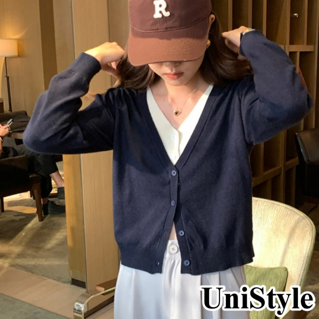 UniStyle【UniStyle】韓版設計感兔絨假兩件V領長袖針織開襟上衣 女 EAN235A(寶藍)