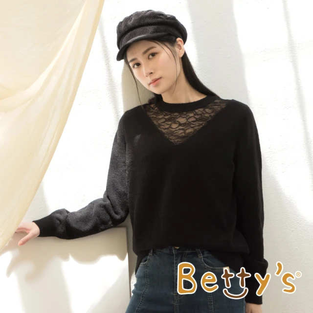 betty’s 貝蒂思【betty’s 貝蒂思】領子蕾絲拼接針織毛衣(黑色)