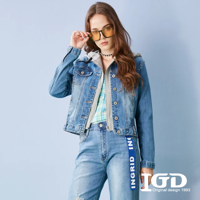 IGD 英格麗【IGD 英格麗】網路獨賣款-假2件連帽長袖刷色牛仔外套(藍色)