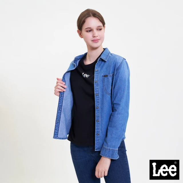 【Lee】造型口袋 女長袖牛仔襯衫-中藍洗水