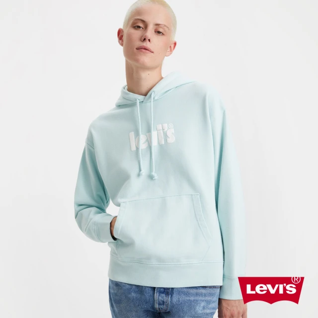 【LEVIS】女款 寬鬆版重磅口袋帽Tee / 高密度膠印Logo / 400GSM厚棉 湖水藍 人氣新品