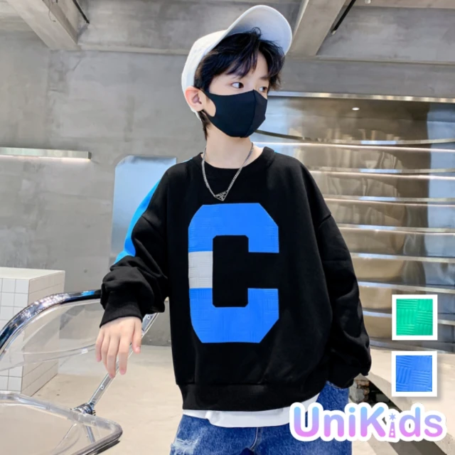 【UniKids】中大童大C字母壓紋潮流撞色長袖T恤 男大童 AJMSFS(藍 綠)