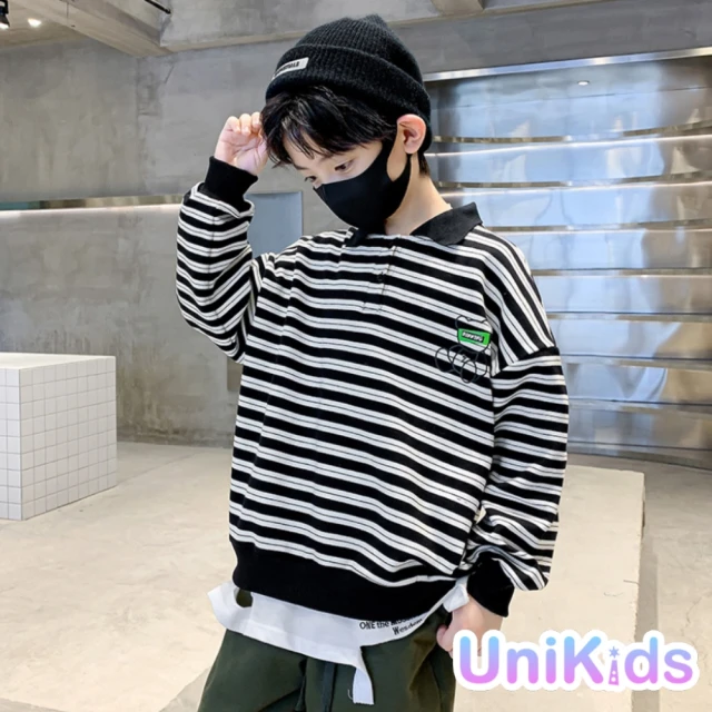 UniKids【UniKids】中大童潮流條紋印花長袖T恤POLO衫 男大童 AJ8044(黑)